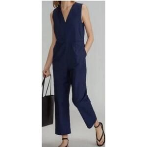 Everlane The Structured Cotton Jumpsuit V-Neck Navy Blue Sleeveless Pantsuit 4